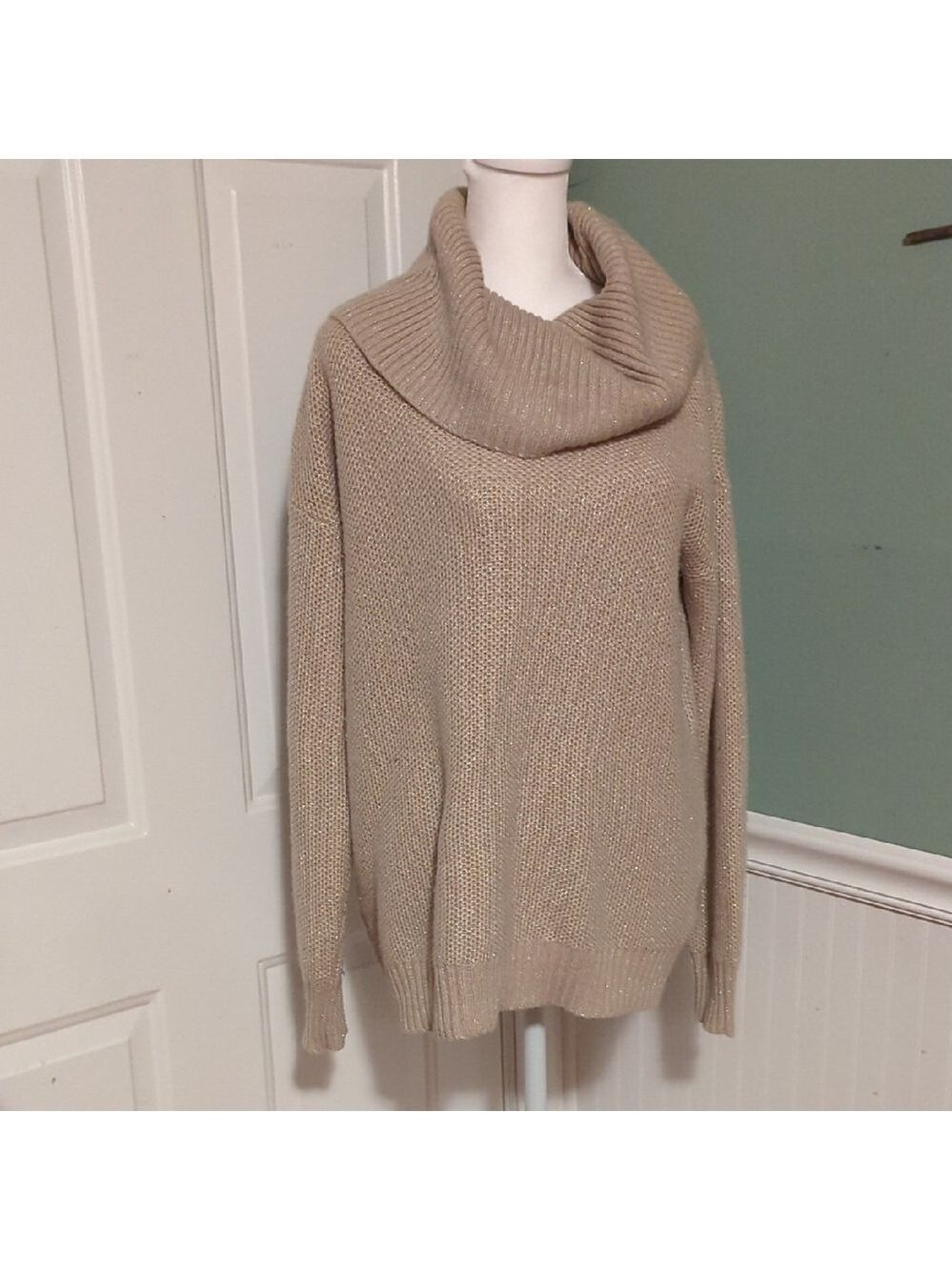 New York and Company Large Gold Shimmer Cowl Neck Sweater